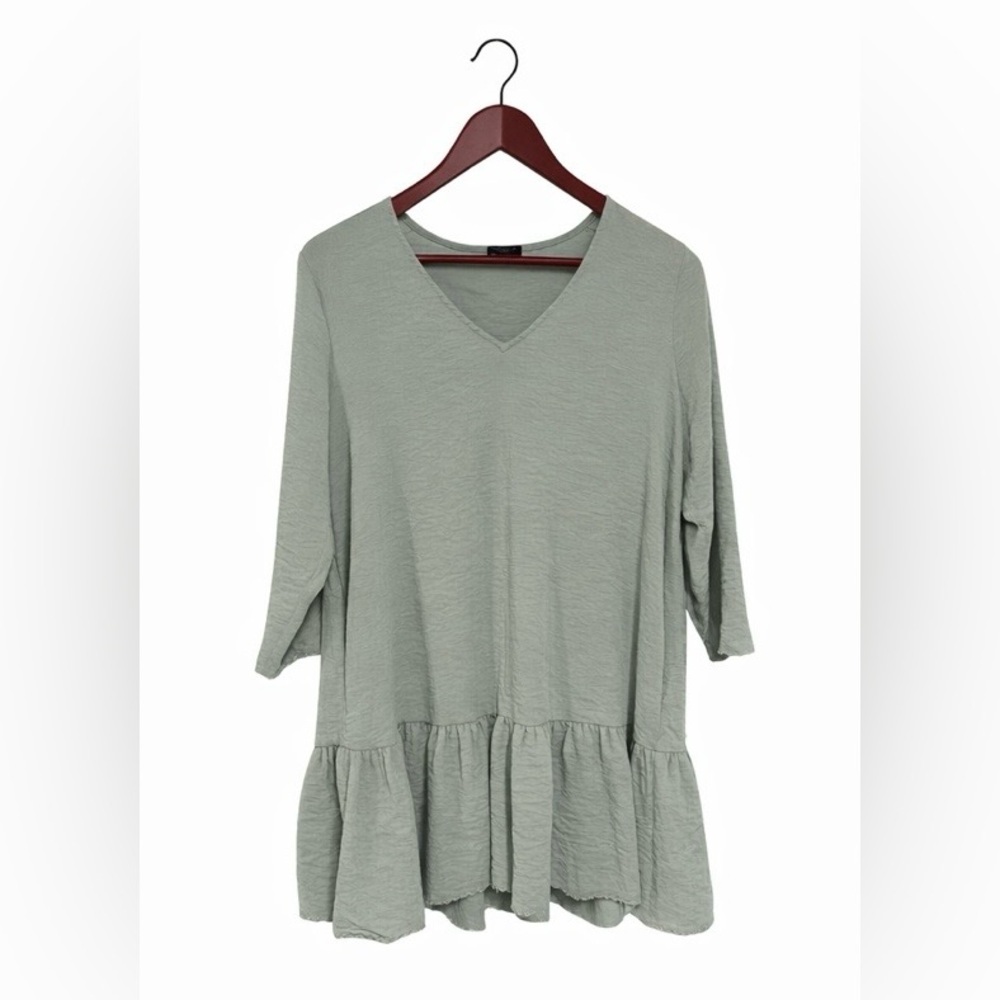 FRNCH Sage Green Mini Dress with Long Sleeves and Scalloped Hem, sz S - Picture 2 of 15